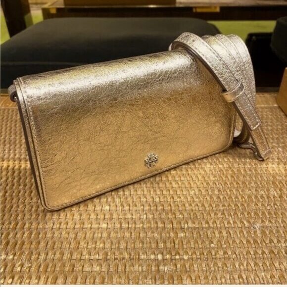 NWT Tory Burch Emerson Metallic White Gold Leather‎ Mini Crossbody Handbag